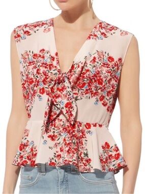 INTERMIX Cream Floral Tie-Front Peplum Blouse with Red Print